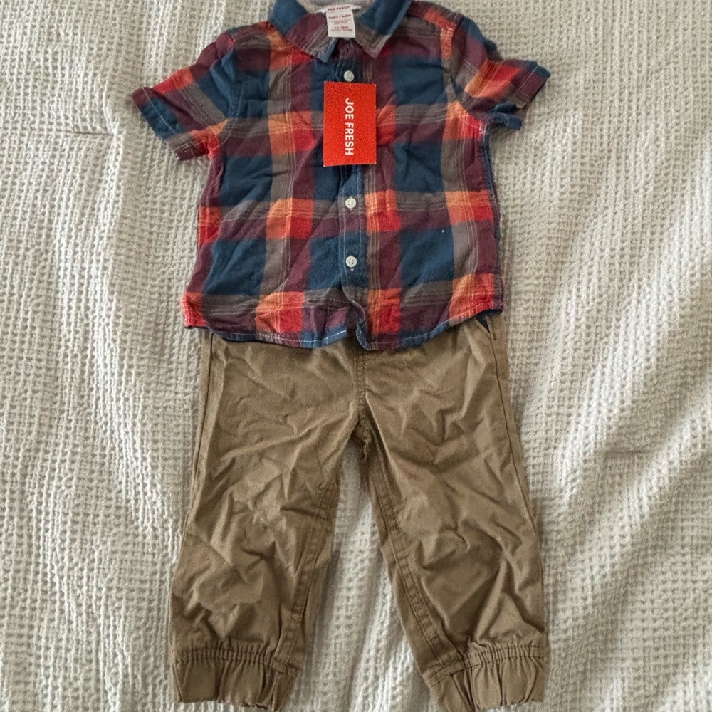 Joe Fresh Multicolor Plaid Shirt with Brown Pants